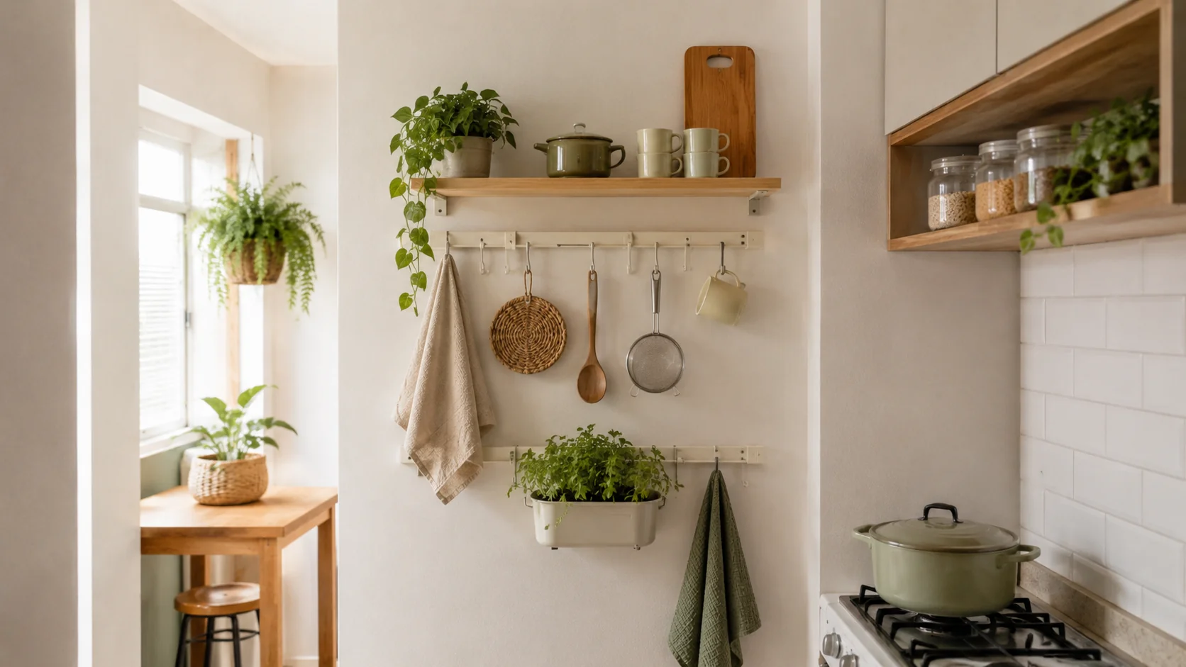 Parede de cozinha pequena com utensílios organizados em suporte vertical